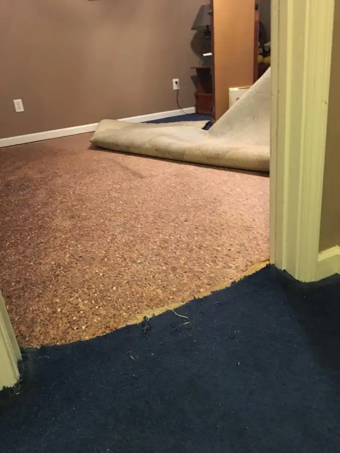 Carpet pad removal revealing water damage during Drying & Dehumidification in Davenport